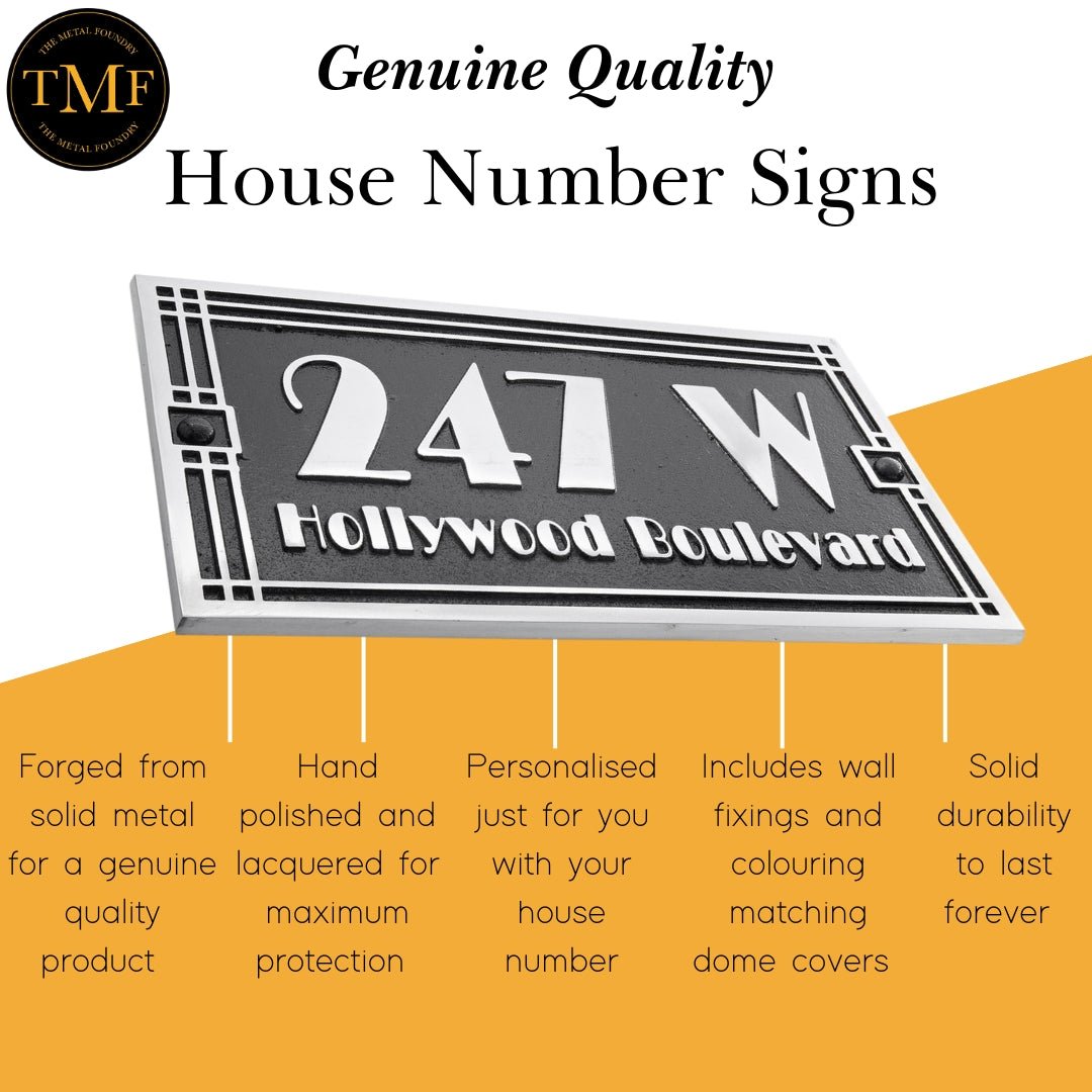 Large Linear Art Deco Street & Number Sign - The Metal Foundry